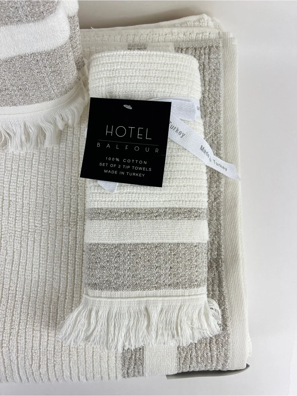 Hotel Balfour BathTowel Set White Tan Stripe Fringe Soft Turkish Cotton 6 Pc NEW